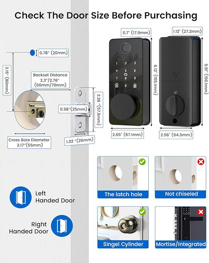Smart Door Lock, Fingerprint Keyless Entry Deadbolt for Front Door App Control, Electronic Touchscreen Keypad, Auto Locking, IP54 Waterproof, Easy Install Digital Lock