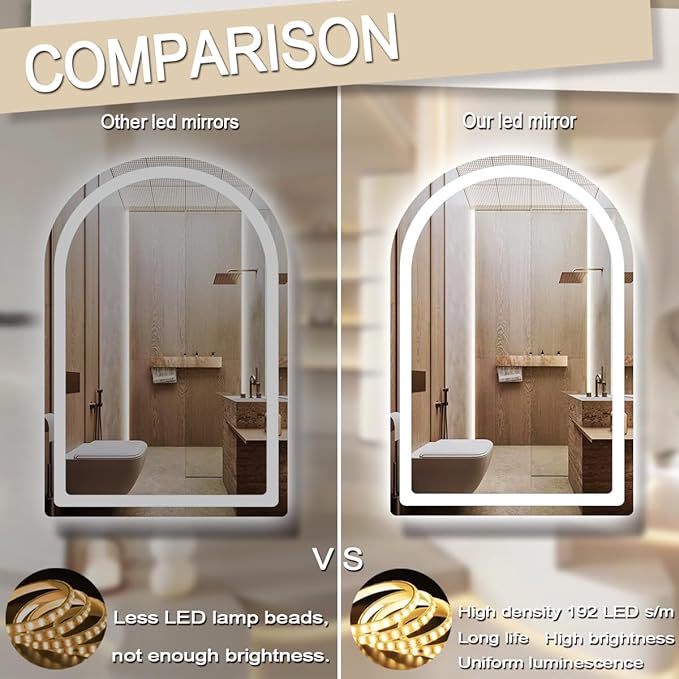 THEKLA 28 x 38 Inch LED Arched Bathroom Mirror with Lights Arch LED Mirror for Bathroom Wall Arched Lighted Mirror AntiFog Dimmable 3 Color 38 Smart LED Light up Table Vanity Arch Mirror with Light