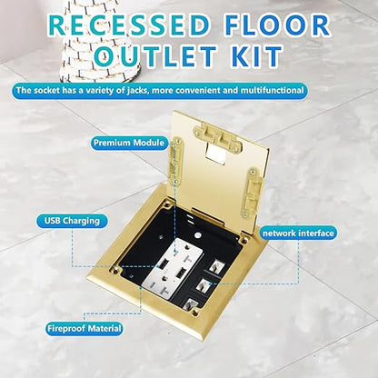 KYHSHJ Recessed Flat Hidden Socket Kit with 2 * 20A Receptacle，4.8A*2 USB-A Ports +3-Port RJ45 Datacom Receptacle. Internal Height Adjustable，Corrosive Resistant Hardware,Brass