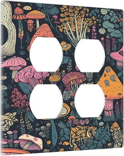 Decorative Outlet Covers Cartoon Comics Colorful Mushrooms 2 Gang Wall Plate Cover Double Duplex Receptacle Two Switch Light Switch Cover Plate Jumbo Dual Faceplate for Home Decor