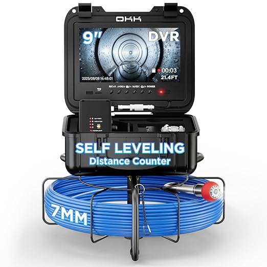 Sewer Camera, Self-Leveling Drain Camera with 7mm Thicker Cable, 305ft/91.5M Range, 9" 1080P HD Monitor, IP68 Waterproof for Pipe Inspection, DVR Snake Cam with Distance Counter & 32GB Card