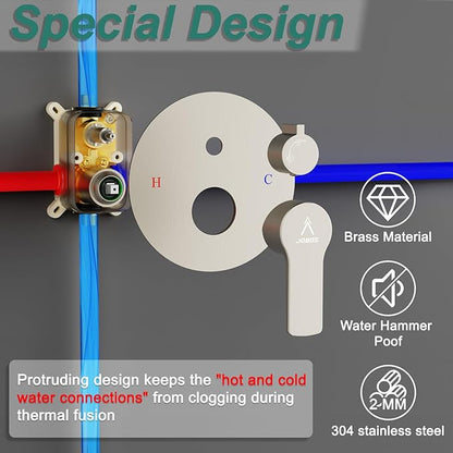 Shower Faucet Set 12IN Brass Rough-In Valve Body Trim Kit Rainfall Included Handle Accessories Complete 2 Functions with Rain Head and Handheld Bathroom Systems (12'', Brushed Nickel)