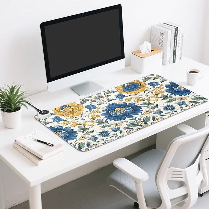 Heated Desk Pad Mouse Pad 31.5x13 Inch PU Leather Desk Mat with 3 Heat Levels Large Mouse Gaming Computer Laptop Mat Royal Floral Blue and Yellow Tile