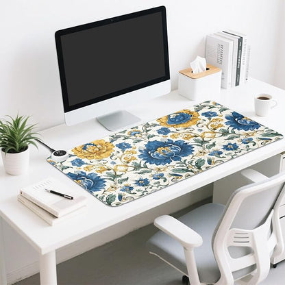Heated Desk Pad Mouse Pad 31.5x13 Inch PU Leather Desk Mat with 3 Heat Levels Large Mouse Gaming Computer Laptop Mat Royal Floral Blue and Yellow Tile
