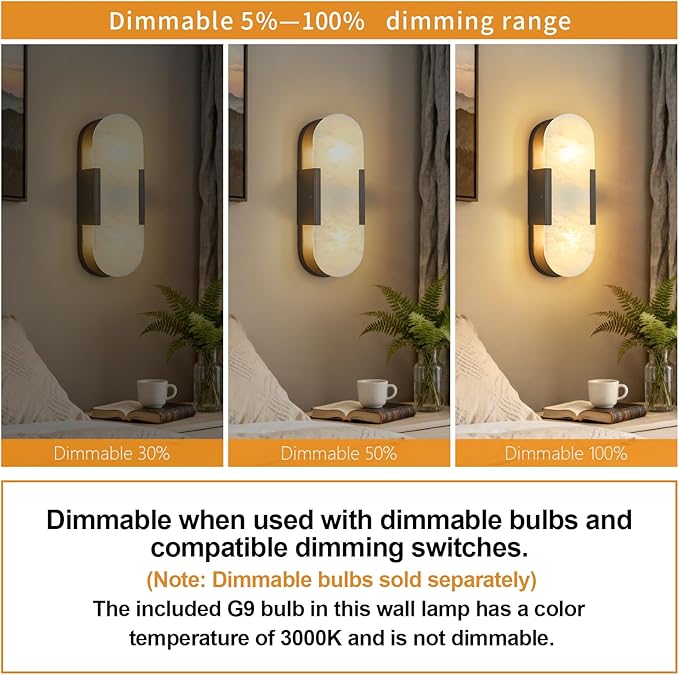 Alabaster Wall Sconce, Modern Natural Marble Wall Sconces for Indoor Lighting, 13.8 in Black Wall Lights for Bathroom Dining Room Stairs Bedroom (1-Pack)
