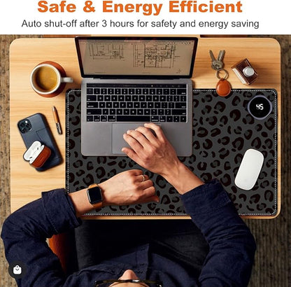 Small Heated Desk Pad 23.6" x 14.2" – Compact Electric Mouse Pad with 3 Heating Levels, Auto Shut-Off, Waterproof PU Surface, Plug-in Warmer for Office or Home Use, Dark Leopard Print