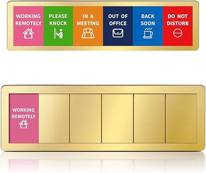 Office Door Signs -6 Options Do Not Disturb, In A Meeting, Out Of Office, Working Remotely, Back Soon Please Knock,Privacy Door Slider Sign for Meeting & Conference Room Brushed Gold