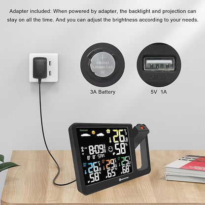 KETOTEK Digital Projection Alarm Clock for Bedroom Ceiling Wall VA LCD Display Radio Controlled Weather Station Indoor Outdoor Temperature Humidity Monitor with 3 Remote Sensors