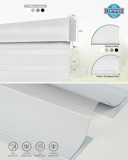 Yoolax Motorized Matter Zebra Blinds Compatible with Alexa, Google Home, Apple HomeKit, Light Filtering Dual Layer Sheer Blinds, Privacy Light Control Horizontal Window Blind (90% Narrow White)