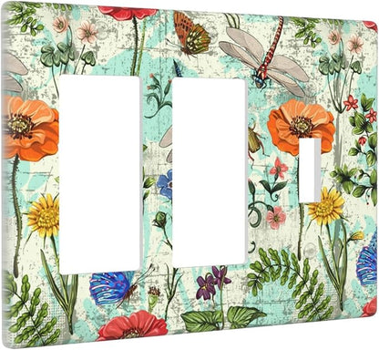 Dragonflies Flowers Butterfly 3 Gang Rocker Rocker Toggle Outlet Light Switch Cover Decorative Wall Plate Cover For Home Living Bedroom Kitchen Decorative