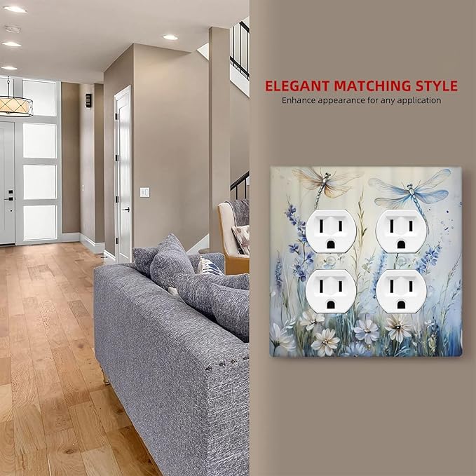 Decorative Outlet Covers Watercolor Dragonfly Blue Wihte Flower 2 Gang Light Switch Cover Plate Double Duplex Wall Plates for Electrical Outlets Switch Plate Covers for Bedroom Home Decor