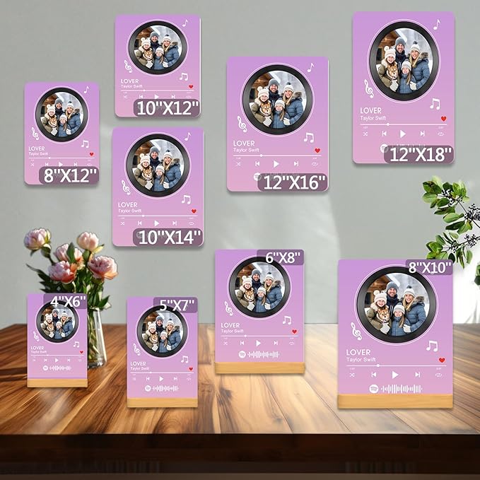 Custom Photo Prints - Metal Desktop Picture Frame with Photos & Spotify Song Plaque & Wooden Base Personalized Gifts for Family Friends and Lovers, Optional Multiple Sizes