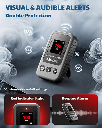 AGT-2309 Portable Carbon Monoxide Detector, 15-Day Standby, Rechargeable Mini CO Monitor with Lanyard for Travel & Camping, Handheld CO Meter with Audible & Visual Alerts, 0-1000ppm - Gray