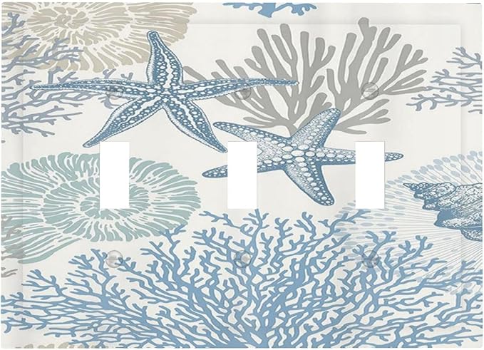 Decorative Light Switch Plate Covers Blue Starfish Coral Seaweed 3 Gang Light Switch Cover Plate Triple Toggle Wall Plate Outlet Covers for Bathroom Bedroom Decor