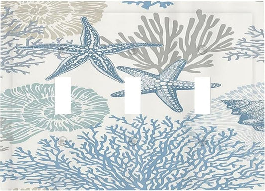 Decorative Light Switch Plate Covers Blue Starfish Coral Seaweed 3 Gang Light Switch Cover Plate Triple Toggle Wall Plate Outlet Covers for Bathroom Bedroom Decor