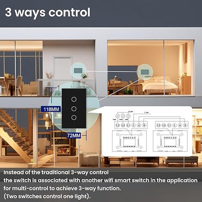 WiFi Smart Light Switch 118X72X34MM Need Neutral Wire,2.4GHz Wi-Fi Touch Switch,Work with Smart Life/Tuya App, Compatible with Alexa and Google Home, Black 3 Gang