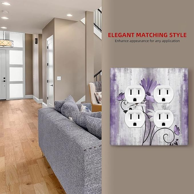 Decorative Outlet Covers Rustic Purple Daisy Grey Flowers 2 Gang Wall Plate Cover Double Duplex Receptacle Two Switch Light Switch Cover Plate Jumbo Dual Faceplate for Home Decor