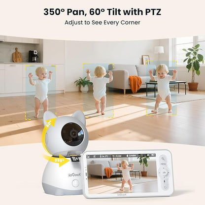 ieGeek Baby Monitor with 5" HD Screen, 2K Camera & Night Vision – WiFi/No-WiFi Dual Mode, PTZ, Cry/Motion Detection, 2-Way Audio, Temp/Humidity Sensor, Auto Tracking, Secure App & Remote Contro