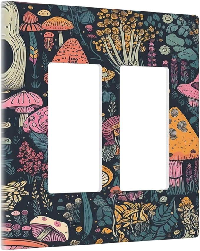Decorative Outlet Covers Cartoon Comics Colorful Mushrooms 2 Gang Wall Plate Double Rocker Two Switch Wall Cover Plate Light Switch Cover Plate Faceplate for Country Bedroom Decor