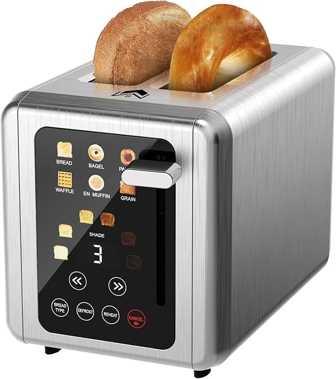 Touch screen Toaster 2 slice,Stainless Steel Digital Timer Toasters with Sound Function,6 Bread Types & 6 Shade Settings,Smart Extra Wide Slots Toaster with Bagel,Defrost Functions,Slate