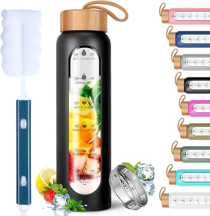 Aqulea Glass Water Bottles 32 Oz with Silicone Sleeve - BPA Free Reusable Wide Mouth Glass Motivational Water Bottles with Fruit Infuser – Leak Proof Borosilicate Water Bottle with Time Marker (Black)
