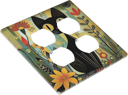 Funny Cat Retro Abstract Flowers Kitten Outlet Covers 2 Gang Double Duplex Decorative Light Switch Covers Electrical Wallplates Socket Faceplate For Kids Room Bed Room Decor