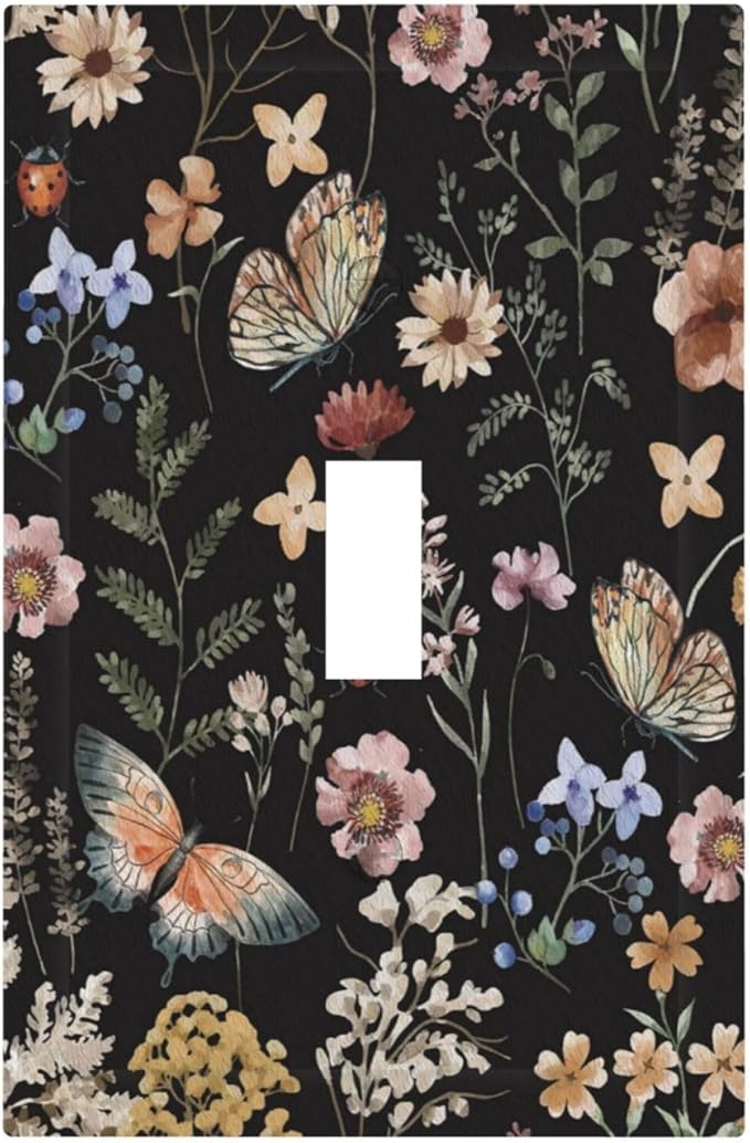 Decorative Light Switch Plate Covers Boho Black Butterfly Rustic Flower 1 Gang Light Switch Cover Plate Single Toggle Wall Plate Outlet Covers Faceplate for Bedroom Home Decor