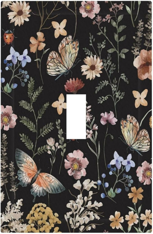 Decorative Light Switch Plate Covers Boho Black Butterfly Rustic Flower 1 Gang Light Switch Cover Plate Single Toggle Wall Plate Outlet Covers Faceplate for Bedroom Home Decor