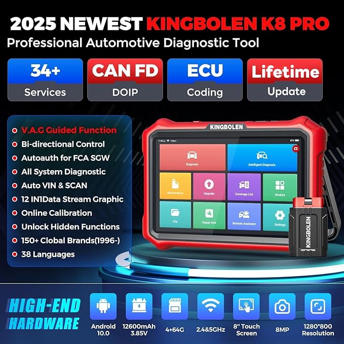 KINGBOLEN K8 Pro OBD2 Scanner Bluetooth 2025 Bidirectional Scan Tool with Lifetime Update(New Model) 8'' All System Diagnostic Tool, ECU Code, 34+ Reset, CANFD&DOIP, V.A.G Guide, FCA AutoAuth