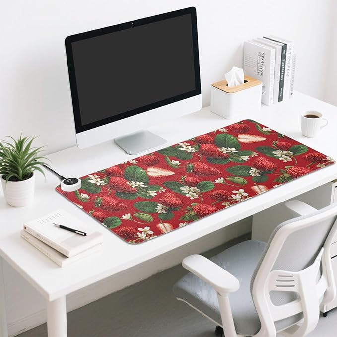 Heated Desk Pad Mouse Pad 31.5x13 Inch PU Leather Desk Mat with 3 Heat Levels Large Mouse Gaming Computer Laptop Mat Red Strawberries Flowers