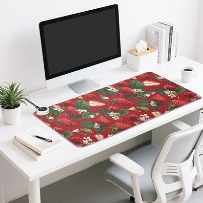 Heated Desk Pad Mouse Pad 31.5x13 Inch PU Leather Desk Mat with 3 Heat Levels Large Mouse Gaming Computer Laptop Mat Red Strawberries Flowers