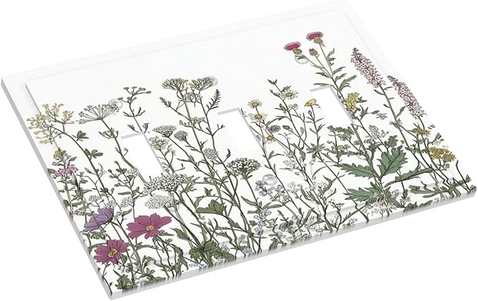 Vintage Herbs Wildflowers Plant Floral Decorative Switch Plates 3 Gang Wall Plate Triple Toggle Light Switch Cover Faceplate Electrical Wall Panels For Bed Room Home Decor