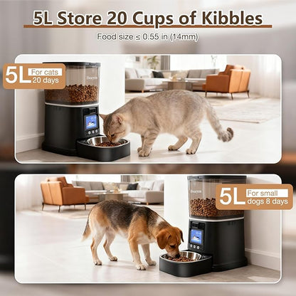 Automatic Cat Feeder with 2-Way Video/Audio, 5L Pet Feeder with 1080P HD Camera Features 45° Downward Tilt Adjustment, Supports 5G/2.4G WiFi Cat Food Dispenser with APP Control for Cats & Small Dogs