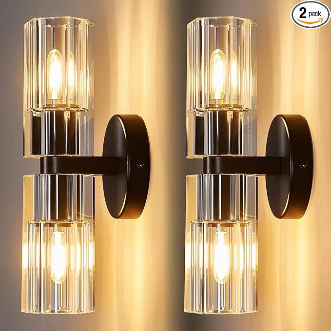 Modern Black Wall Sconces Set of Two Bedroom Crystal Wall Sconces Indoor Sconces Wall Lighting Living Room Sconces with K9 Crystal Lampshade for Bathroom Hallway Entryway Stairway