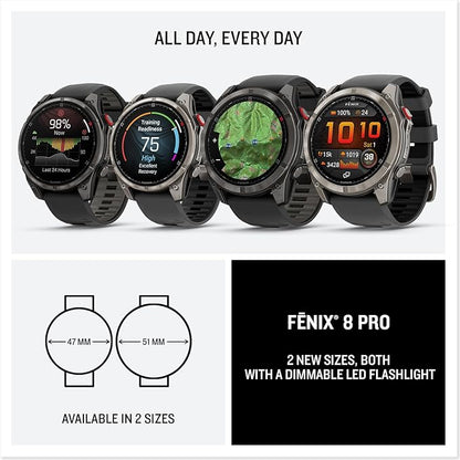 Garmin fēnix® 8 Pro, 51mm, AMOLED Display, Premium Connected Multisport GPS Smartwatch, inReach® Technology, Sapphire, Carbon Gray DLC Titanium with Black/Pebble Gray Silicone Band