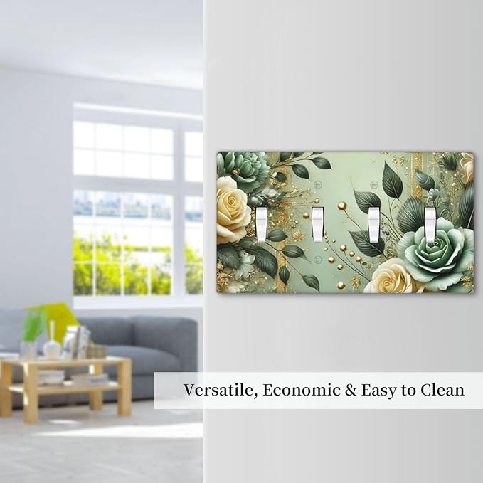 Decorative Light Switch Cover Plate Rustic Green Floral Leaves Teal Flowers Gold Stripe 4 Gang Wall Plate Oversized Quad Toggle Switch Cover Plate Jumbo Faceplate