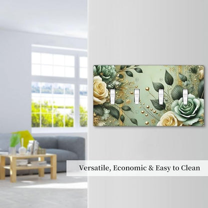 Decorative Light Switch Cover Plate Rustic Green Floral Leaves Teal Flowers Gold Stripe 4 Gang Wall Plate Oversized Quad Toggle Switch Cover Plate Jumbo Faceplate