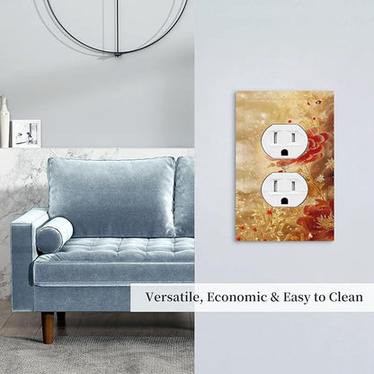 Decorative Outlet Covers Golden Leaf Red Peony Flowers Floral 1 Gang Duplex Light Switch Cover Plate Wall Plates for Electrical Outlets Switchplate Faceplate for Home Decor