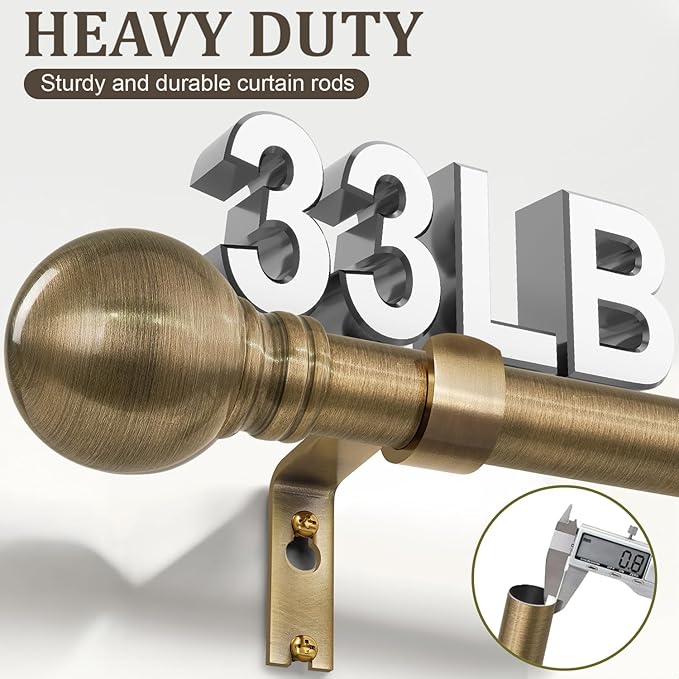 Antique Bronze Curtain Rods for Windows 66 to 120 Inch 1" Diameter Adjustable Heavy Duty Brass Window Curtain Rod with Metal Finials for Living Room Bedroom Farmhouse Kitchen Outdoor