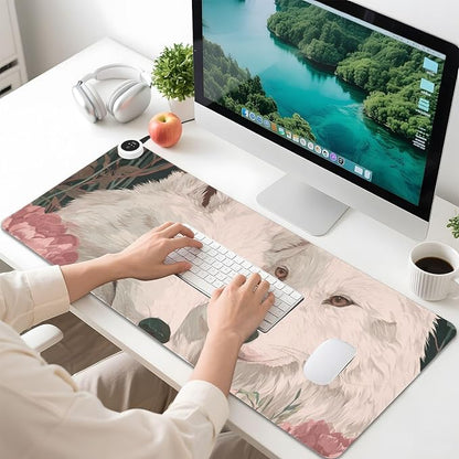 Heated Desk Pad Mouse Pad 31.5x13 Inch PU Leather Desk Mat with 3 Heat Levels Large Mouse Gaming Computer Laptop Mat White Wolves Peony Flowers