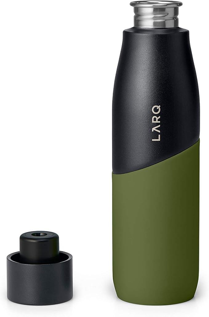 LARQ Bottle Movement PureVis 24 oz- Lightweight Self-Cleaning and Non-Insulated Stainless Steel Water Bottle with UV Water Purifier | Reusable & Travel Friendly, Black/Pine
