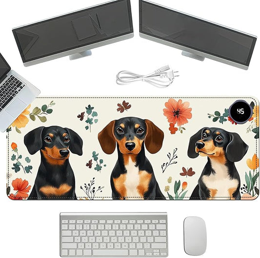 Heated Mouse Pad with 3 Temperature Settings(104°F–122°F),Large 31.5x13 Inch PU Leather Heated Desk Mat,Waterproof Warming Pad for Office,Gaming & Cold Hands Relief,Dogs and Flowers