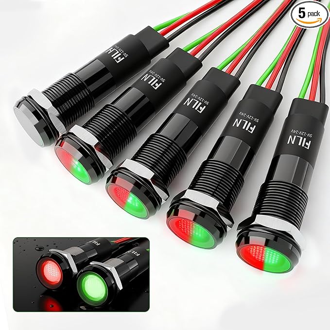 5 Pcs 8MM (5/16 ") Indicator Light LED 12V 24V Dual Color Indicator Llight Pilot Metal Light Black Anodized Waterproof ip67 Signal Lamp (12V-24V Red Green Dual Color)