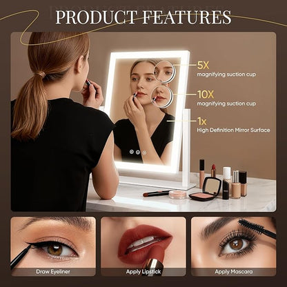 DECADENCE Vanity Mirror with Lights, 17.3’’ LED Makeup Mirror Detachable 10X/5X Magnification, Smart Touch Control, 3 Color Lighting Modes,360°Rotation Tabletop Make Up Mirror for Bedroom Bathroom