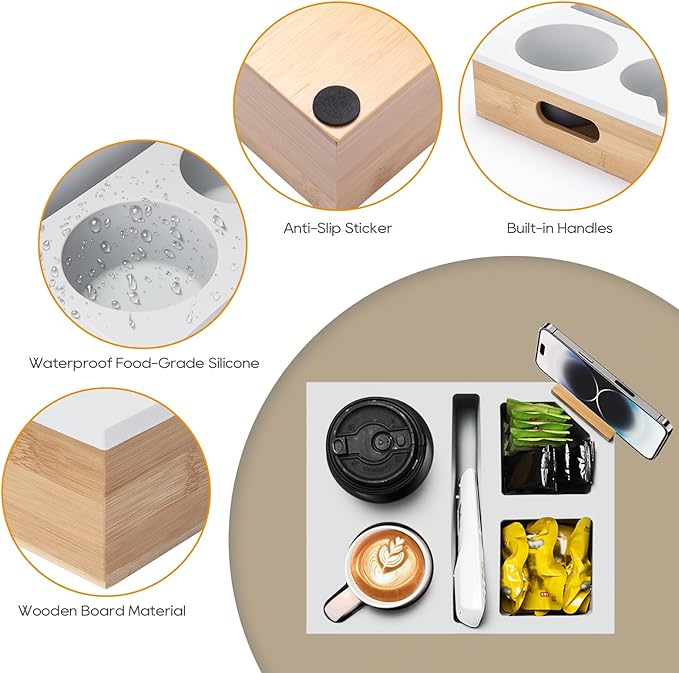 Couch Cup Holder Tray, Couch Caddy with Rotatable Phone Holder, Wooden Sofa Drink Holder with Handle for Bed Car Seat Beach Organizer, Anti-Spill for Snacks Beverage Remote White