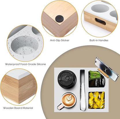 Couch Cup Holder Tray, Couch Caddy with Rotatable Phone Holder, Wooden Sofa Drink Holder with Handle for Bed Car Seat Beach Organizer, Anti-Spill for Snacks Beverage Remote White