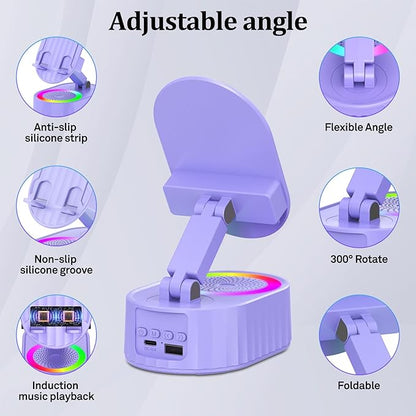 Wireless Induction Audio Bluetooth Speaker 5in1 Phone Holder Emergency Rechargeable (3000mAh) with Colorful Ambient Light 300° Foldable for Tablet iPhone Android, Gifts for Men Women