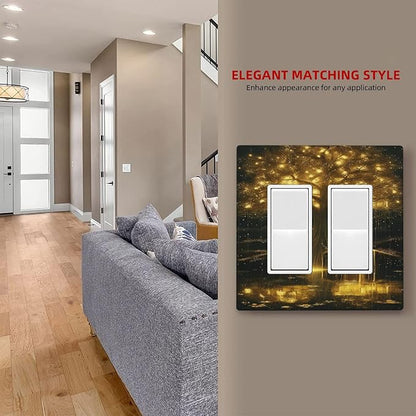 Decorative Outlet Covers Golden Shining Fantasy Kabbalah Tree of Life 2 Gang Light Switch Cover Plate Double Rocker Wall Plate Switch Plate Covers Faceplate for Bedroom Home Decor