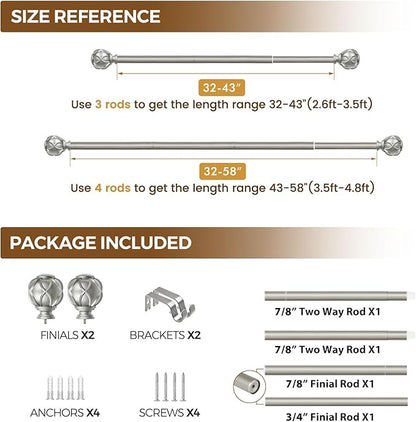 KAMANINA Curtain Rods for Windows, Antique Silver Curtain Rod 32 to 58 Inch(2.6-4.8Ft), 7/8 Inch Single Adjustable Drapery Rods with Decorative Netted Texture End