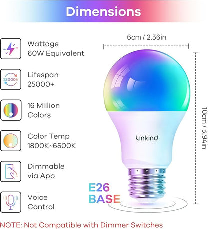 Linkind Smart Light Bulbs, WiFi Bulbs Work with Alexa & Google Home, RGBTW Color Changing Light Bulb with APP Control, 9W LED Smart Bulb Equivalent 60W, A19 E26 Alexa Light 2.4Ghz 800LM Dimmable